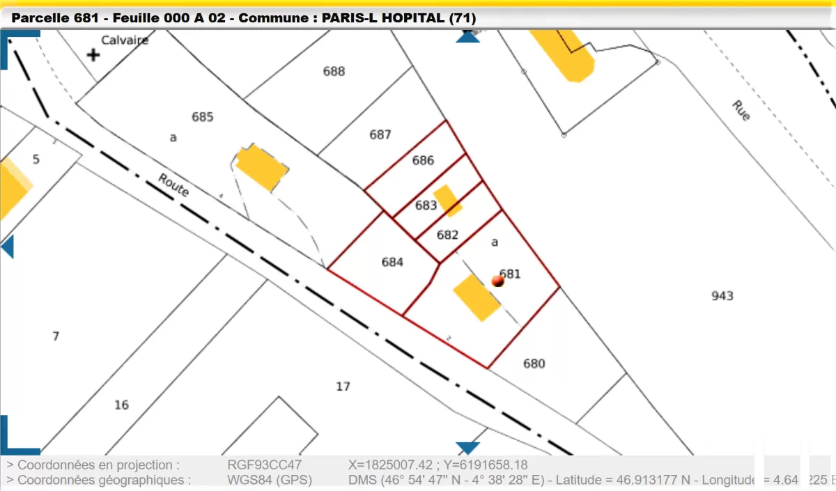 Extrait du plan cadastral,  en rouge les parcelles concernées