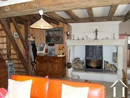 Une partie du séjour avec son poêle à bois en pierre et sa cheminée avec insert  
