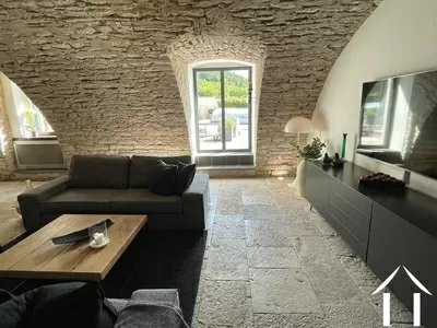 Salon avec des portes en verre donnant sur la cour